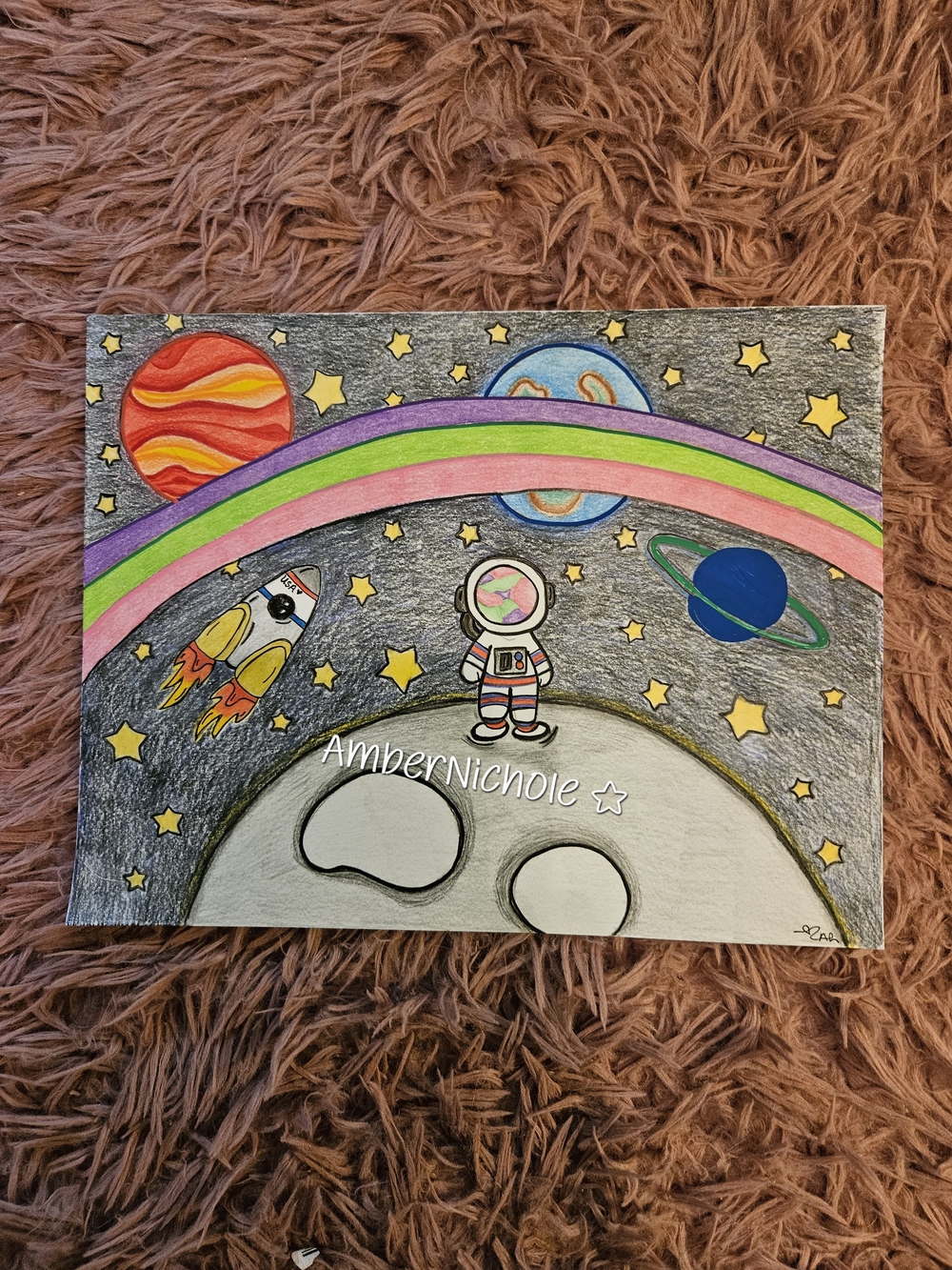 Handmade☆Colorful Space Art Print - Rainbow, Planets & Astronaut